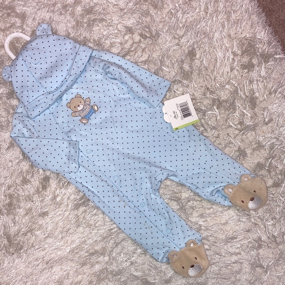 NWT little me teddy bear sleeper and hat 3m